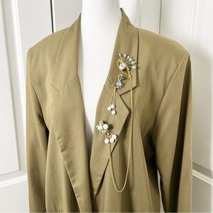 Vintage Lightweight Blazer with Handmade Duette Brooch Set - Olive - Large
